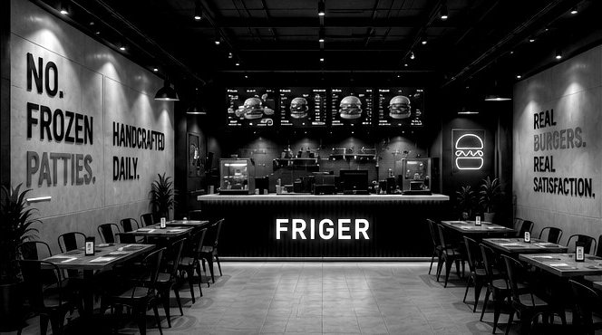 Interior render of the new Friger store with wall graphics and a long counter