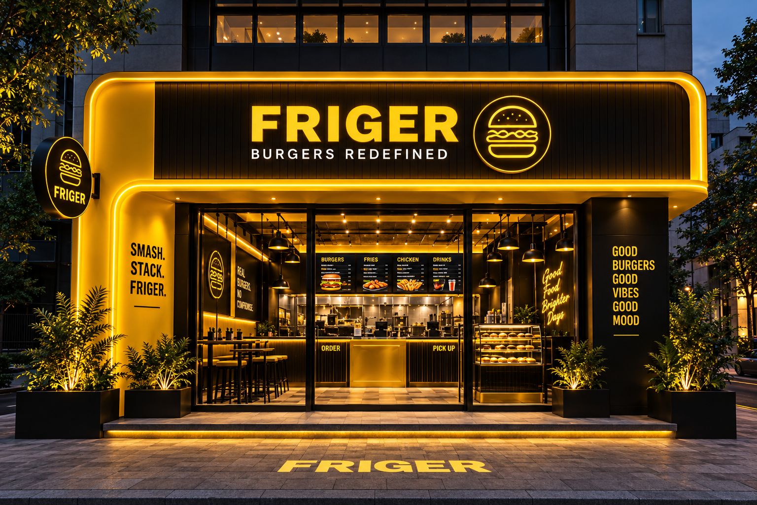 The new Friger store design: a glowing yellow storefront at night with an open kitchen and counter